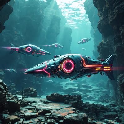 The primary subject of the image is a group of futuristic submarines or spacecraft floating in a dark, underwater environment. The setting is a cave or underwater cave, with the submarines or spacecraft positioned in various locations within the cave. The visual style of the image is digital art, as it appears to be a computer-generated or digitally rendered scene. The colors and mood of the image are dark and mysterious, with the submarines or spacecraft being the main focus of the scene.